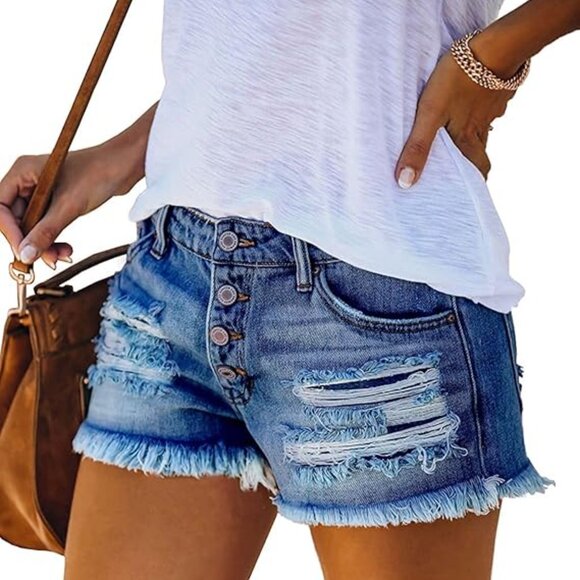 thumbnail image 2 of Women's Mid Rise Ripped Denim Shorts - Stretchy Raw Hem Jean Shorts For Summer 2 of 12